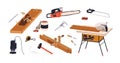 Carpentry and woodwork tools set. Carpenters machines, joinery equipment for wood and timber processing. Cutting, sawing