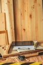 Carpentry woodwork workplace with digital tablet computer