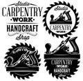 Carpentry work handcraft shop studio emblems set with woodworking tools and saw blades in black and white Royalty Free Stock Photo