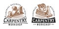 Carpentry work, repair emblem. Badge set for wood workshop or joiner craft studio. Carpenter tool planer symbol vector