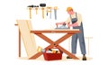 Carpentry workshop. Cartoon carpenter character sawing wood board making wooden furniture, craftsman timber with tools Royalty Free Stock Photo