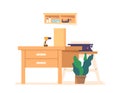 Carpentry Workshop Interior with Wooden Workbench, Drill and Board. Assorted Hand Tools, Shelf with Power Tools