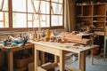 carpentry workshop with various tools and materials for creating custom furniture