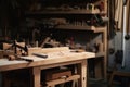 carpentry workshop with various tools and materials for creating custom furniture
