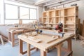 carpentry workshop with various tools and materials for creating custom furniture