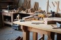 carpentry workshop with various tools and materials for creating custom furniture