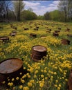 A carpet of dandelions covered the soil inching up the rusted barrels and faded helmets and stretching as far as Royalty Free Stock Photo