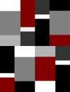 Carpet design with grey, red, black and white rectangles.