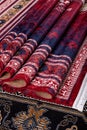 Carpet details, colorful rug floor, lines, Stylish carpet with pattern on floor in room. Turkish carpet details in various colors Royalty Free Stock Photo