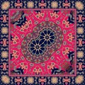 Carpet with a double flower - mandala and bright ornamental frame. Royalty Free Stock Photo