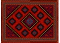 Carpet with ethnic ornaments in red and Burgundy shades and blue patterns and black zigzags on a white background