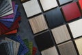 Flooring and laminate furniture material samples for interior design project Royalty Free Stock Photo