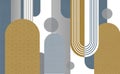 carpet geometric pattern artistic background wall. golden lines, orange and blue circles on light marble background