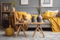 yellow home house cushion interior grey modern pillow decor sofa window. Generative AI. Royalty Free Stock Photo