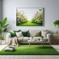 A carpet in the shape of a green lawn in the living room. Royalty Free Stock Photo