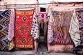 Carpet shop with moroccan rugs display in Marrakech, Morocco.