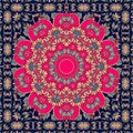 Carpet. Tablecloth. Shawl with stylish red flower. Bandana print