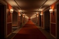 Carpeted Interior long hotel corridor. Generate Ai