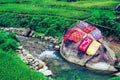 Carpets drying on a big rock of a river. Hand washing, traditional method