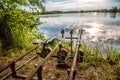 Carpfishing session at the Lake.Carp Angling scenic landscape overlooking lake at Dawn.Fishing adventures, carp fishing