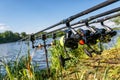 Carpfishing session at the Lake.Carp Angling scenic landscape overlooking lake at Dawn.Fishing adventures, carp fishing