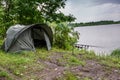 Carpfishing session at the Lake.Carp Angling scenic landscape overlooking lake at Dawn.Fishing adventures, carp fishing