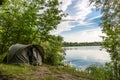 Carpfishing session at the Lake.Carp Angling scenic landscape overlooking lake at Dawn.Fishing adventures, carp fishing