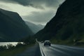 Carpooling norwegian landscape sunset. Generate Ai Royalty Free Stock Photo