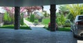 Carport inside view, landscaping 3D render