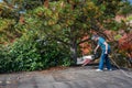 Carport roof, mature woman with leaf blower cleaning roof and downspout, fall cleanup