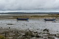 Colorful fishing boats stranded in the marsh at low tide