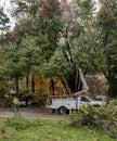 Carrboro, North Carolina, US-November 13, 2018: Workers repairing power lines after tree fell on them in storm