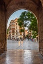 Carrer dels Serrans viewed through gate of torres de Serranos in Valencia, Spain