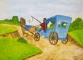 The carriage is blue with a horse on a dirt road among green meadows