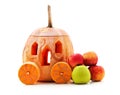 Carriage carved from pumpkin and apples