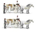 Carriage, girl in white dress, man in suit, coachman, pair of horses Royalty Free Stock Photo