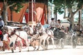 Carriage pulled by group of horses with decorations and people dressed in traditional clothes at Jerez fair Royalty Free Stock Photo