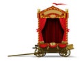 A carriage scene of a roving theater on wheels with a red curtain and decorations isolated on white Royalty Free Stock Photo