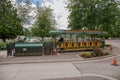 Carriage tour - two beautiful horses with a tram. vintage attraction. A horse-drawn carriage tour in Stanley Park, Vancouver, Royalty Free Stock Photo