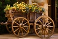 Carriage with wooden wheels as decoration for flowers. Generative AI Royalty Free Stock Photo