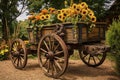 Carriage with wooden wheels as decoration for flowers. Generative AI Royalty Free Stock Photo