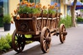 Carriage with wooden wheels as decoration for flowers. Generative AI Royalty Free Stock Photo