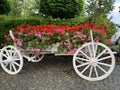 Carriage with wooden wheels as decoration for flowers. Traditional rural retro van, decor. Trolley with bright flowers for garden Royalty Free Stock Photo