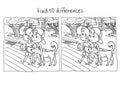 Carriageway, children with a dog cross the street on a traffic light, illustration for coloring, find the ten differences solution
