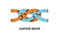 Carrick bend knot, tied rope. String, two cables binding, fixing, linking. Intertwined interlaced wire loops, secure