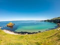 Carrick a Rede Rope Bridge in Ballintoy Northern Ireland. Aerial view on Cliffs and turquoise Atlantic Ocean water Royalty Free Stock Photo