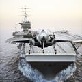 Carrier jet takeoff . Advanced aircraft jet taking off from a navy aircraft carrier. Royalty Free Stock Photo