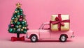 Carrito de la Compra en Miniatura con Regalos y Ãrbol de Navidad, AcompaÃ±ado de una Estrella Dorada sobre Fondo Rosado