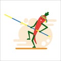 Carrot athlete. A smiling carrot makes a pole vault. Cheerful vegetable. Flat style. Vector. Royalty Free Stock Photo