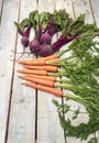 Carrot and beetroot bunch on white wood Royalty Free Stock Photo